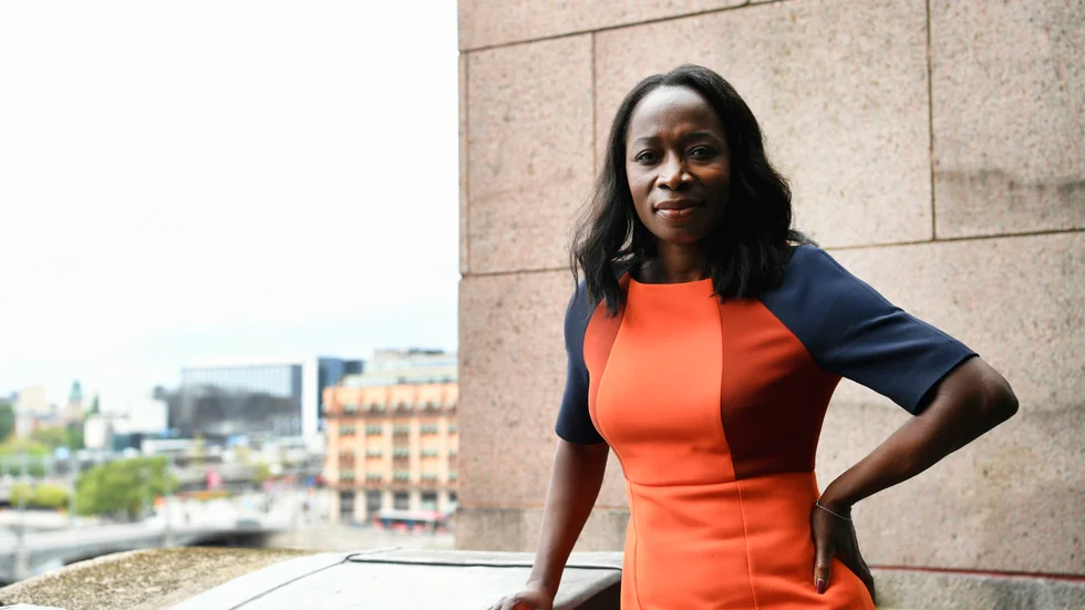 L-ledaren Nyamko Sabuni fotograferad i samband med partiets digitala riksmöte på pingstdagen.