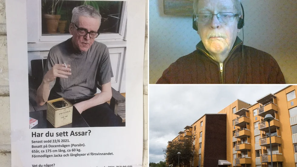 Rolf Ling (till höger) undrar var vännen Assar Norbrink finns. En efterlysning av honom sitter i entrén på Ica Porsön, där han sågs senast. 