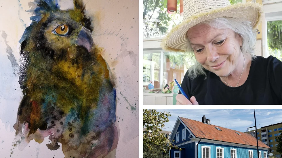 Verk av Ingela Mellgren Ohlsson som är en av medlemmarna i Borensbergsgruppen, Mellgren Ohlsson själv, Dubergska gården i Motala. Bilden på Dubergska gården är en arkivbild.