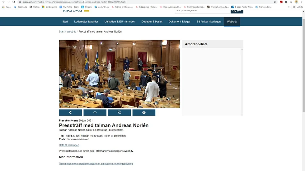 Talman Andreas Norlén berättade för pressuppbådet att Ulf Kristersson har uppdraget att undersöka om han kan få ihop tillräckligt stöd för att kunna tolereras av riksdagen.