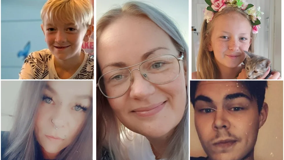 Gänget som delat ut matkassar under veckan. Längst upp från vänster: Kevin Levin Granat, Angelica Levin, Ella Levin Granat, Helena Gustafsson och Anton Gustafsson. 