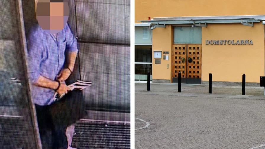 Den 39-årige mannen filmades av en övervakningskamera när han lämnade domstolsbyggnaden på Garnisonen. (Bilden till vänster är hämtad ur förundersökningen.) 