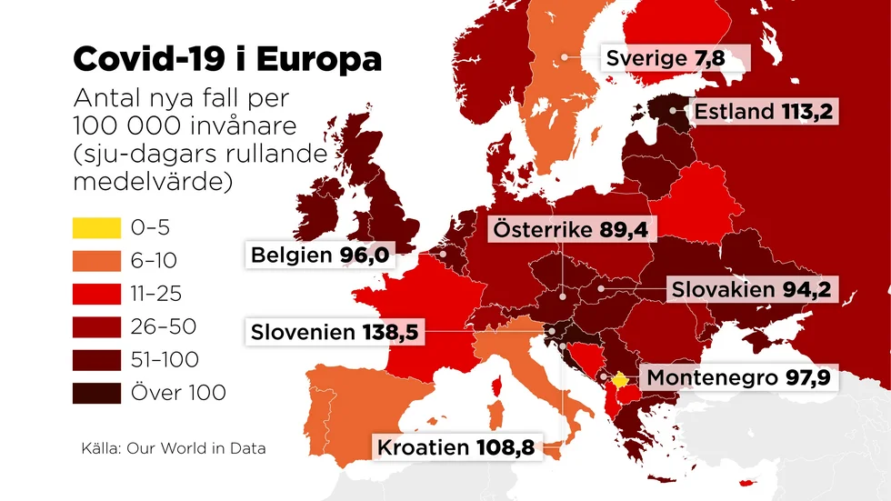 Karta som visar rapporterade fall i Europa.