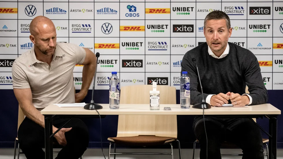 Sirius tränare Henrik Rydström och Örebros tränare Axel Kjäll under presskonferensen efter matchen.