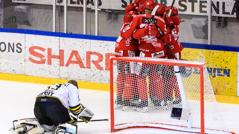 Almtuna har just gjort 3-2 mot AIK och någonstans i högen av spelare finns målskytten Tobias Liljendahl, AIK:s målvakt Claes Endre är resignerad. Almtuna vann matchen med 4-2.