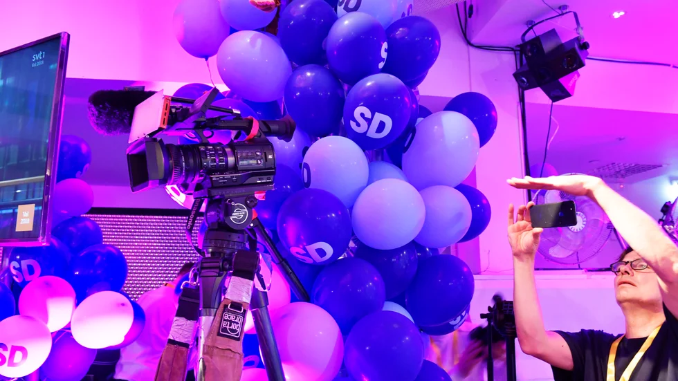 Media på plats på Sverigedemokraternas valvaka i centrala Stockholm.