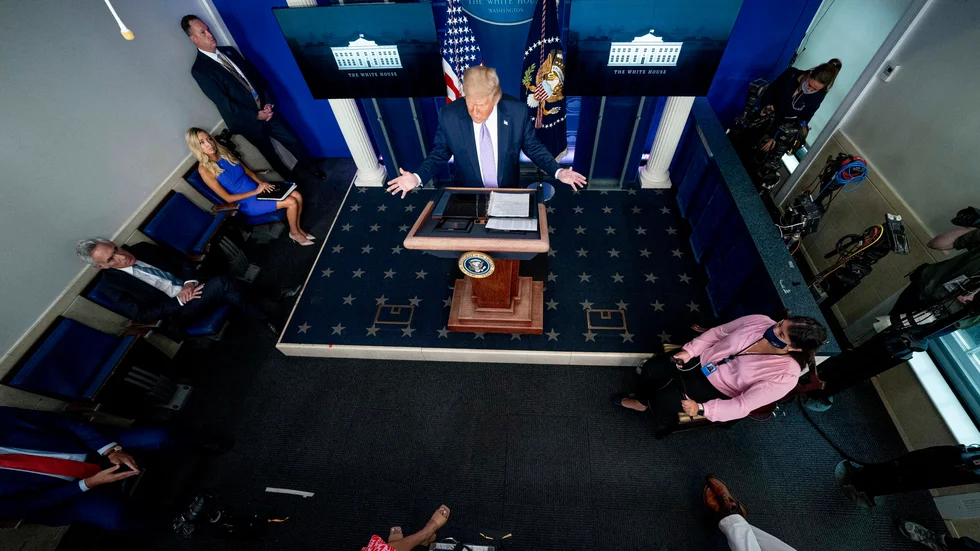 USA:s president Donald Trump vid en presskonferens i Vita huset.