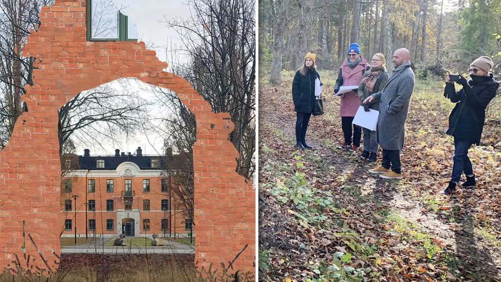 Till vänster syns Juri Markkulas bidrag till stadsplaneringen av det nya området på Visborg. Det är en tegelportal som ska leda in till stadsparken Donners hage. Till höger konstnärerna i november 2019 när de besökte platsen.