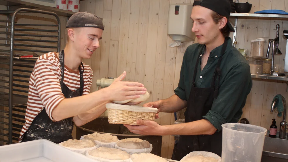 Olle Holmström och Alfred Hellström arbetar med degen i bageriet.