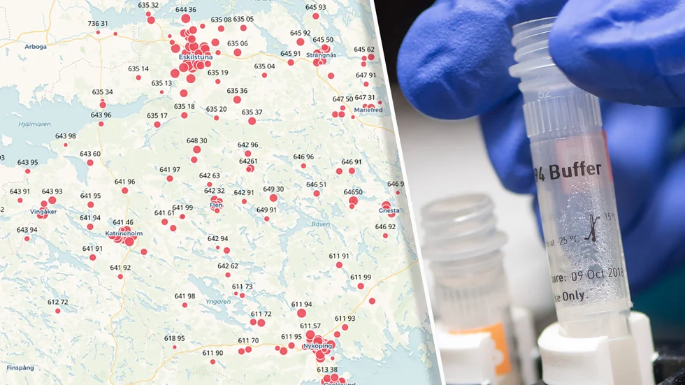 Klicka på kartan i slutet av artikeln för att se antalet bekräftade fall på ditt postnummer. Då ploppar en ruta upp med information om hur drabbat det aktuella postnumret är beträffande positiva fall av covid-19.