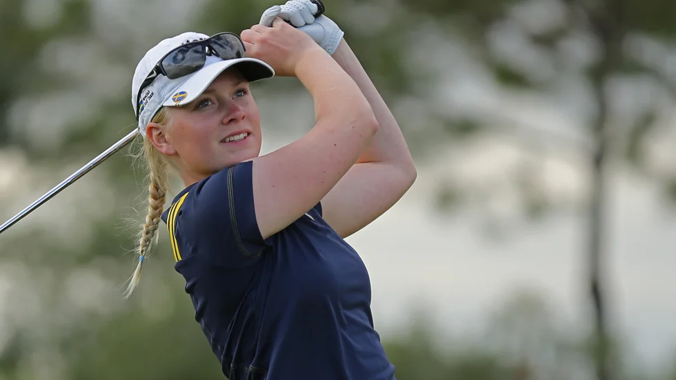 Frida Kinhult, fostrad på Skaftös golfbana, kommer kanske hem från USA och spelar Europatourtävlingen där nästa år. Arkivbild.