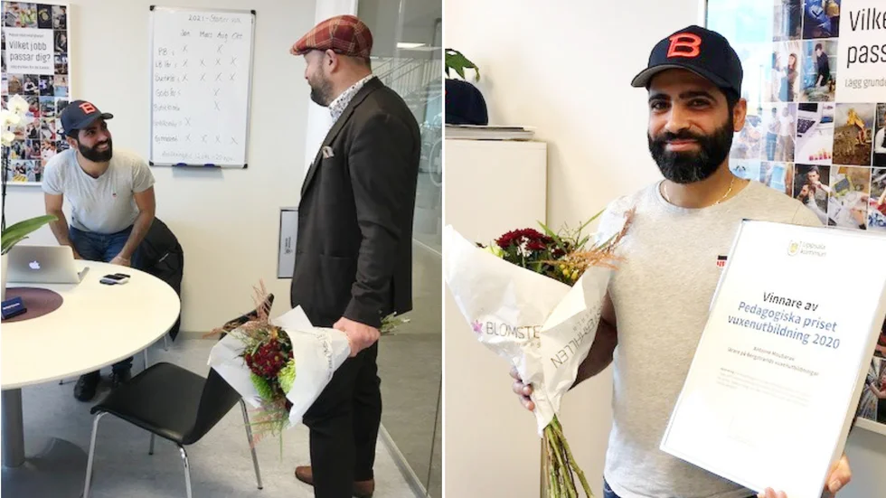 Antoine Moubarak, lärare på Bergstrands vuxenutbildning, tog under fredagen emot Uppsala kommuns första pedagogiska pris inom vuxenutbildning.