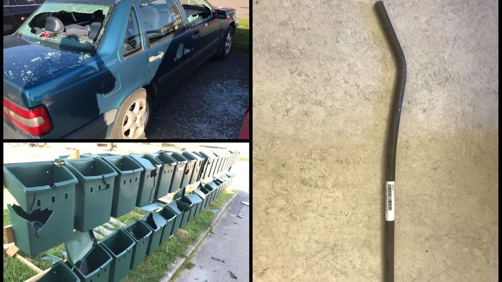 När polisen kommer till platsen beskriver de ett ”kaos” med krossade bilrutor, backspeglar, vindrutetorkare, postlådor, glasrutor i entrédörr, plåtskador på bilar som bevis på den misstänktes ursinniga framfart.