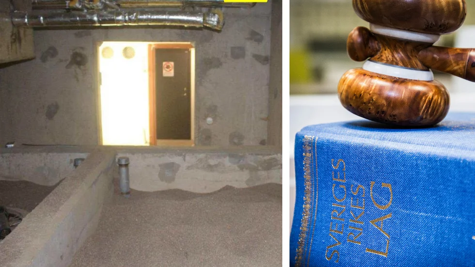 I den här källaren till flerfamiljshuset där 24-åringen bodde hittade polisen vapen och narkotika. Den gula rutan visar var pistolen låg.