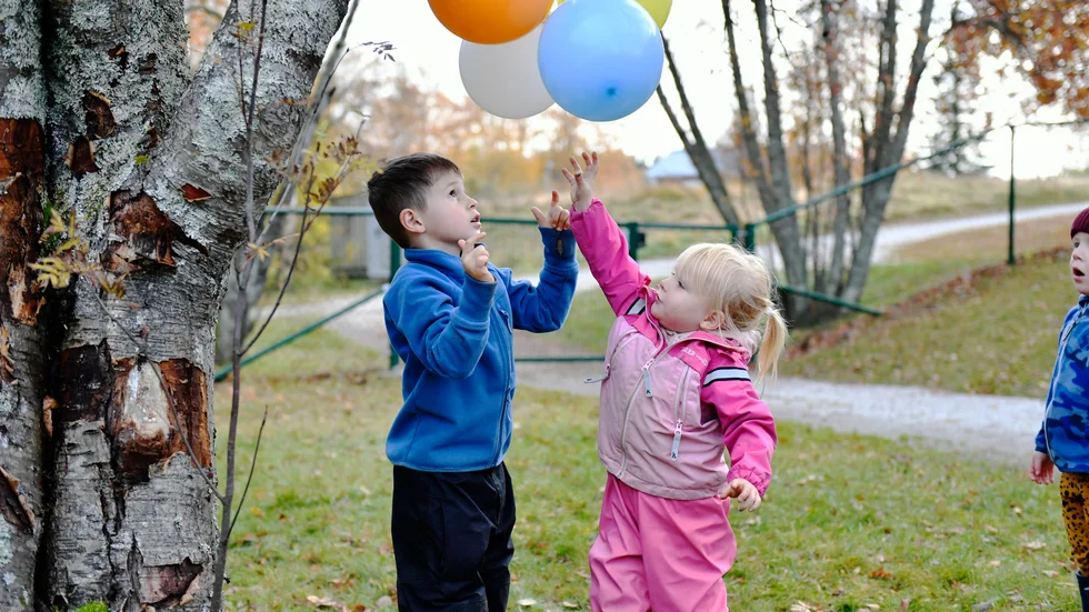 Ballonger som hängts upp i träd och i entrén var av stort intresse.