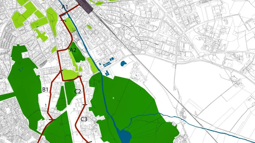 På kartan här ses den norra delen av den planerade spårvägen från Resecentrum, det grålila området i toppen av kartan,  till Ulleråker.