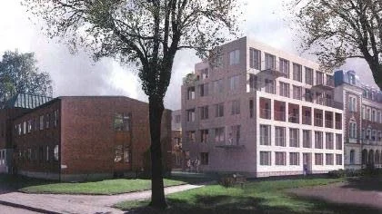 Förslag på nytt bostadshus vid gamla tingshuset, mot Österplan. Exakt utseende bestäms senare.
