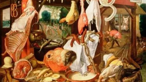Slaktarbutik med flykten till Egypten (1551). I bakgrunden skymtar Maria utdelande allmosor, men den nederländske målaren Pieter Aertsen (1508-1575) har i linje med konstens sekularisering valt att fokusera på slaktarens utbud.