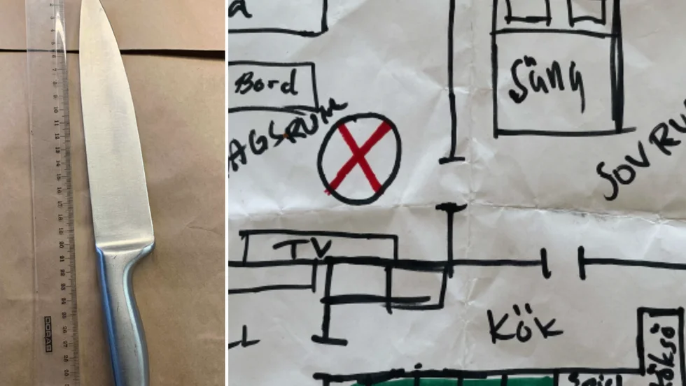 Den misstänktes särbo medger att hon ritat en skiss över lägenheten i Södra Vi där de trodde att det kunde finnas knark vid den gröna markeringen.