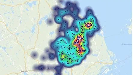 Kartbilden  visar i vilka områden som skador på byggnader där de röda partierna är de hårdast drabbade områdena.