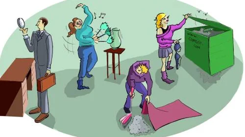 En provkarta över diverse städtyper. Passar du kanske in på Pedanten, som inte godkänner en enda ovidkommande smula eller är du en Slarver som sopar skiten under mattan? Ögontjänare dammar bort ytsmutsen så att besökare vid ett första ögonkast ser en välstädad boning. Är du tonåring kanske du tillhör sorten med växande högar av kläder, godispapper och blöta handdukar på golvet. Kompostsorten. Illustration:THERESE EGERMARK