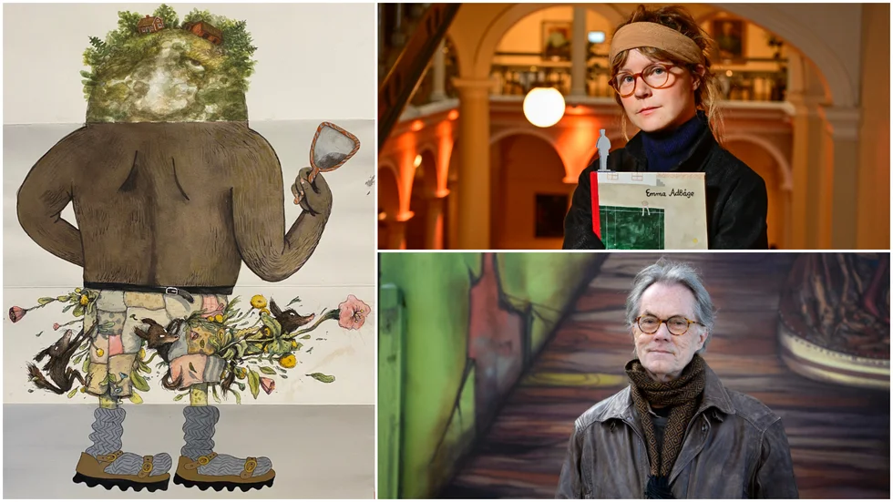 Emma Adbåge och Sven Nordqvist är två av konstnärerna som skapat vikgubben på bilden intill dem.