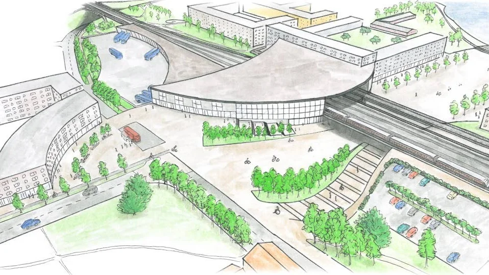 Ett förslag. Det finns inga färdiga skisser på hur ett resecentrum skulle se ut. Det här är en en skiss från ett examensarbete av Petra Widetun.