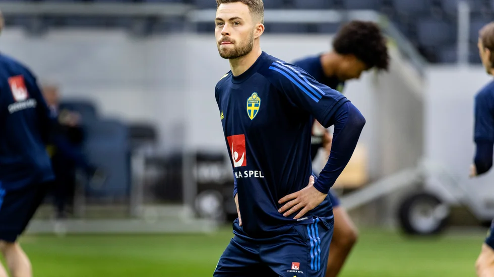 Gabriel Gudmundsson när herrlandslaget i fotboll tränar på Friends Arena inför matcher i Nations League.