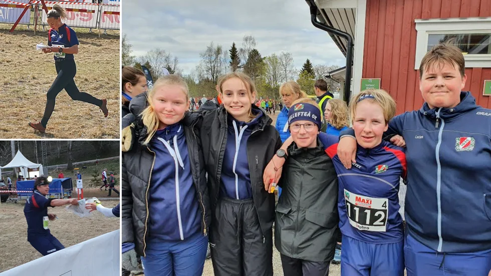 SOK:s ungdomslag. Fr v Ingrid Hedman, Lia Eriksson, Sixten Rönnblom, Viggo Johansson och Vidar Åkerlund. Vilja Åkerlund (uppe tv) kollar karta och bana på väg ut på damkavlens längsta sträcka medan Jonatan Björnberg gjorde en sensationellt bra ”långa natt”