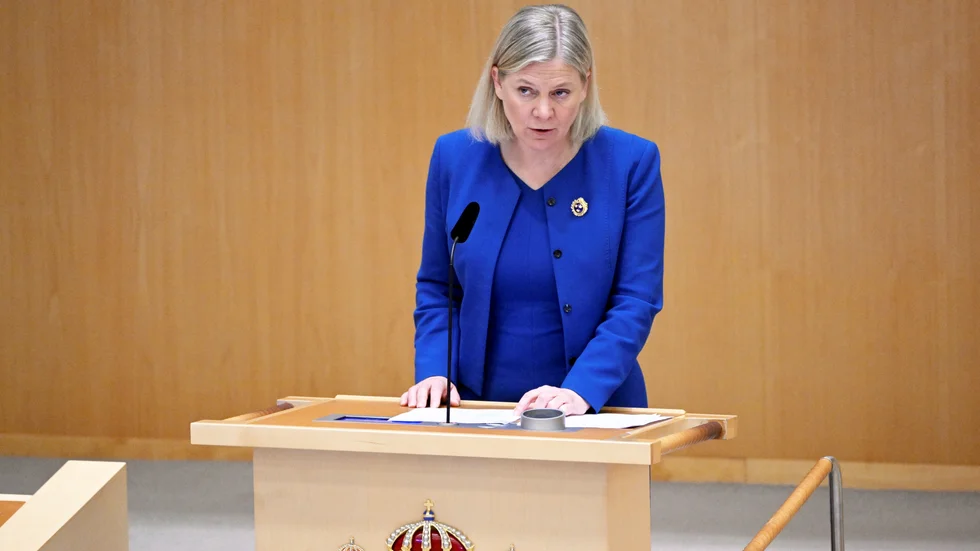 Statsminister Magdalena Andersson (S) under riksdagsdebatten om ett svenskt Natomedlemskap.