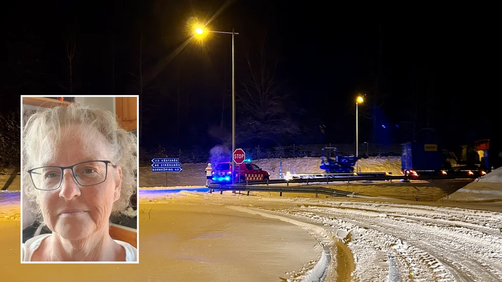 Monika Ridell och hennes sambo missade en begravning på grund av halkkaoset på riksväg 55/56. 