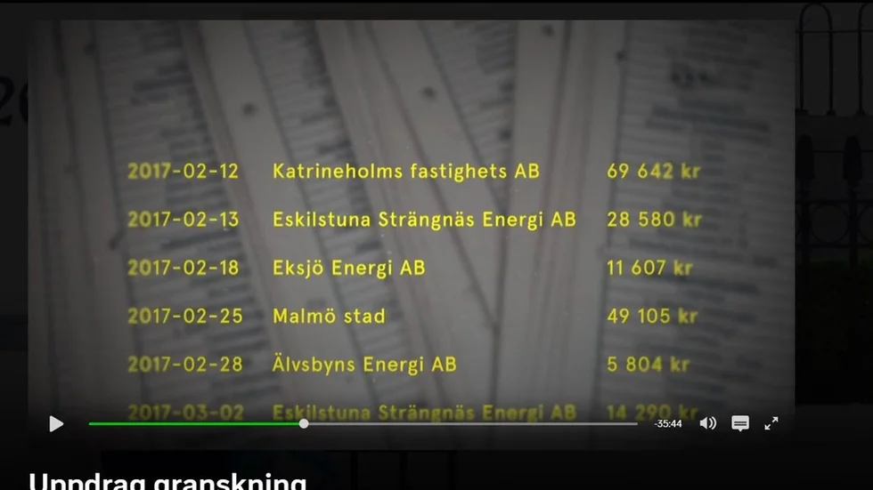 Skärmklipp från SVT:s Uppdrag granskning. Programmet "Sverigefakturorna" i två delar började sändas den 10 oktober.