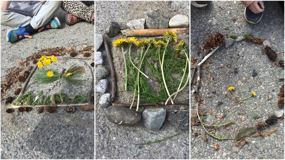 Av pinnar, stenar, kottar, sand, trä, blommor, barr, löv, gräs och kol skapades fina och coola konstverk.