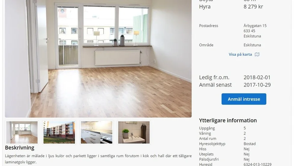 En skärmdump från D. Carnegies hemsida på en nyrenoverad lägenhet i Årby i Eskilstuna. 68 kvadratmeter och en hyra på 8 279 kronor per månad.