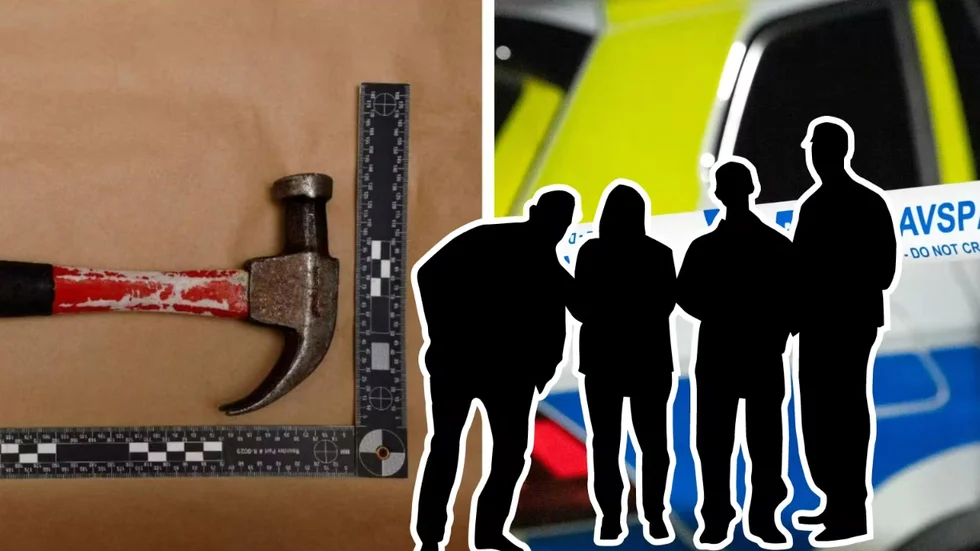 Tre män och en kvinna åtalades för att ha angripit en av festdeltagarna med hammare och knytnäve efter att han ertappats med att stjäla.