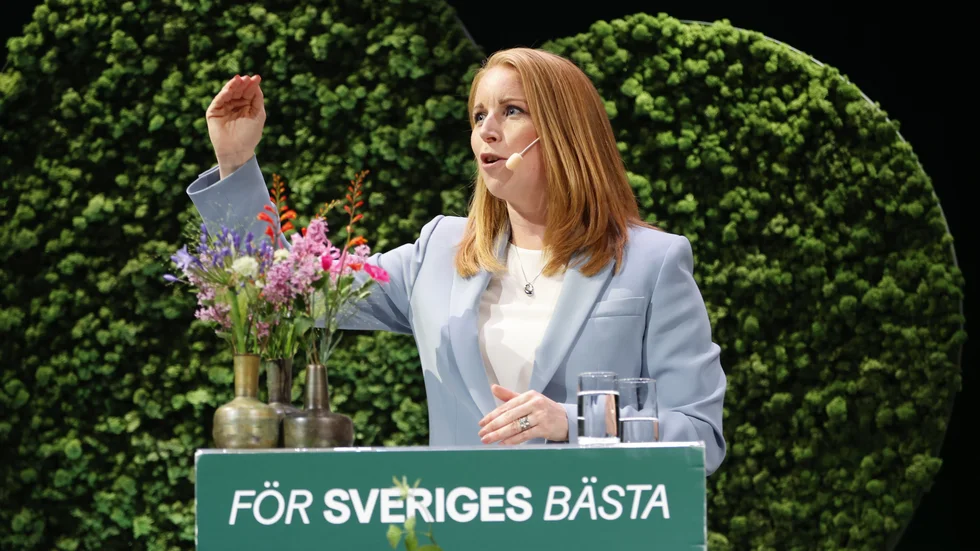 Centerpartiets partiledare Annie Lööf talar vid valkonvent på Stockholm Waterfront Centre.