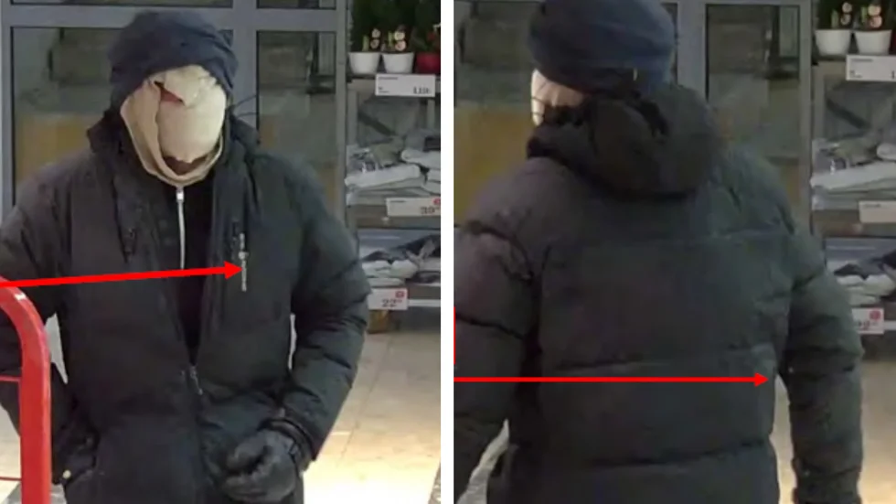 Den 28-årige mannen filmades av en övervakningskamera när han försökte tilltvinga sig pengar på Hemköp i Ryd. Han hade maskerat sitt ansikte med ett bandage. Pilarna i bilden har polisen lagt till för att peka ut detaljer i mannens klädsel. (Bilderna är hämtade ur förundersökningen.) 