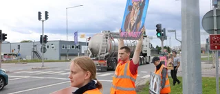 Här demonstrerar aktivisterna utanför slakteriet i Linköping