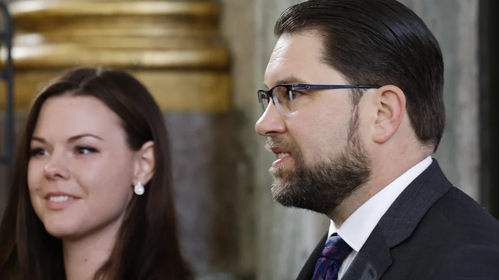 Sverigedemokraternas partiledare Jimmie Åkesson med sin flickvän Matilda Kärnerup. Arkivbild,