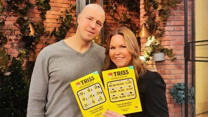 Caroline Karlsson med sambon Stefan efter mångmiljonvinsten i Nyhetsmorgon.