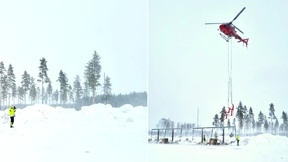 Se klippet från när helikoptern fraktade balkarna över Klutmark på onsdagen. Arbetet är en del av Skellefteå Krafts utbyggnad av regionnätet.