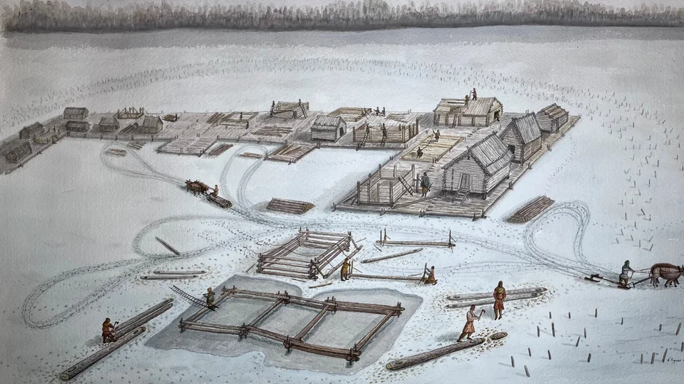 Såhär ser den ut, Peter d'Agnans illustration över hur det kan ha sett ut när bulverket i Tingstäde träsk byggdes på 1130-talet. 