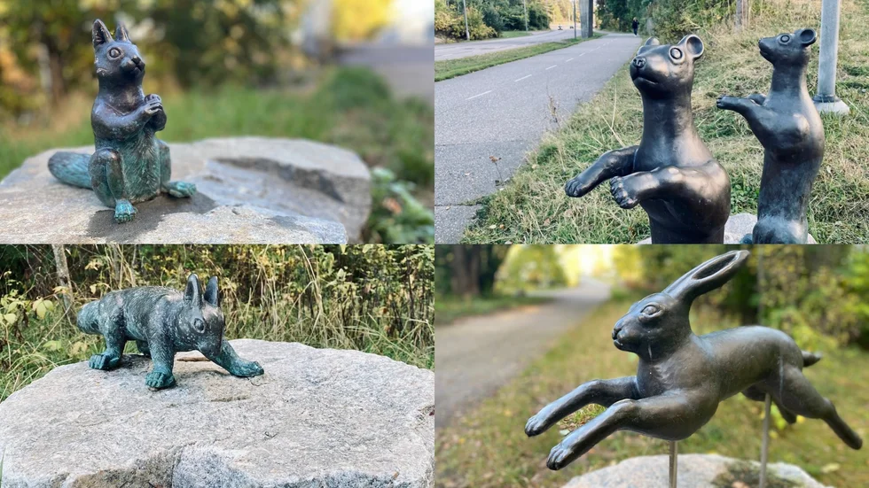 Den stulna skulpturen "Hoppande hare", längst ner till höger i bild, ingår i konstverket "Vesslor, ekorrar och hare" i Kronskogen.