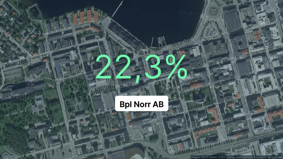 Illustrationen visar rörelsemarginalen för Bpl Norr för det senaste året. Bakgrunden är en satellitbild över företagets adress.
