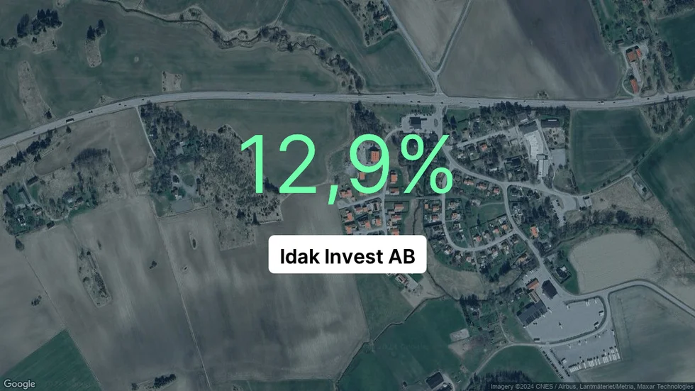 Illustrationen visar rörelsemarginalen för Idak Invest för det senaste året. Bakgrunden är en satellitbild över företagets adress.