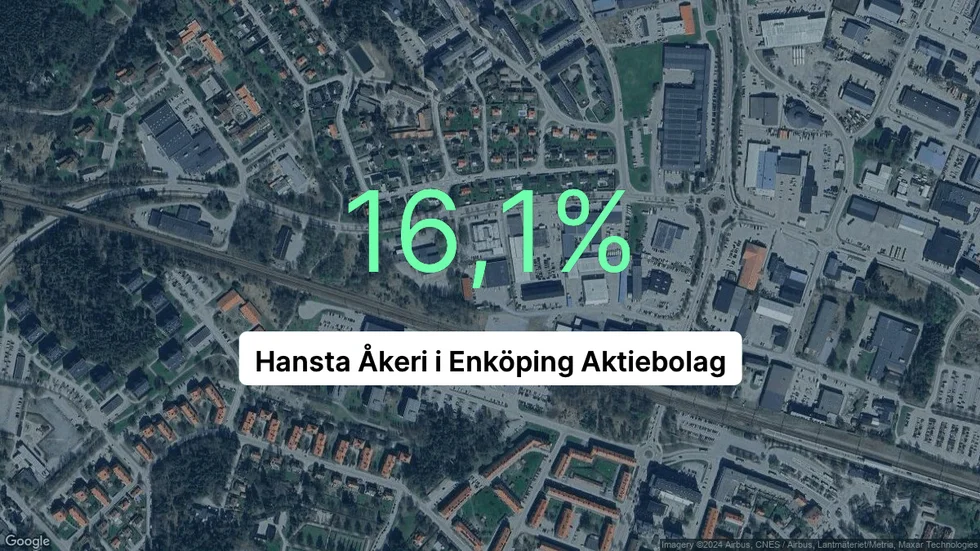 Illustrationen visar rörelsemarginalen för Hansta Åkeri i Enköping för det senaste året. Bakgrunden är en satellitbild över företagets adress.