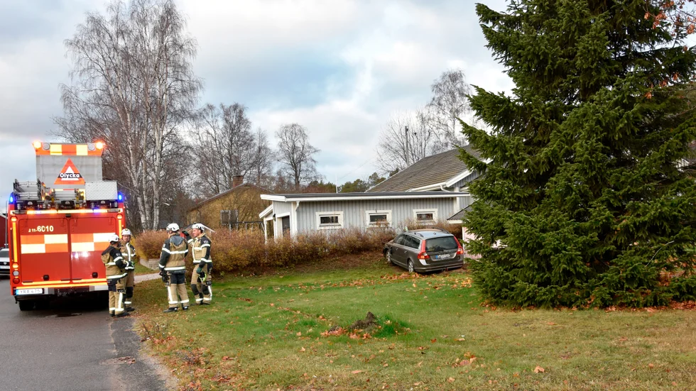Bilen körde av vägen och rakt in i en häck. Föraren var bara några centimeter ifrån att köra in i granen till höger i bild. 