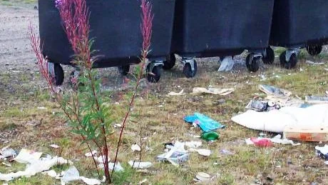 INGEN STÄDAR. Trots flera påstötningar hos kommunen så har sopor legat utspridda i en månad. Ingen vill städa upp, även fast soptunnorna står uppställda bara 100 meter från byns vattentäkt.