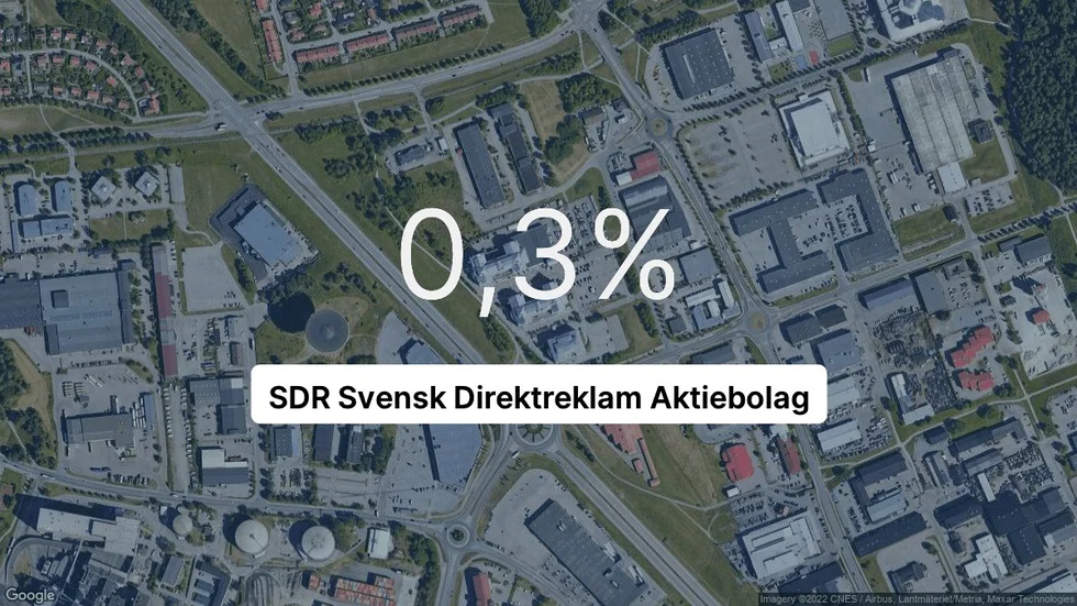 Illustrationen visar rörelsemarginalen för SDR Svensk Direktreklam för det senaste året. Bakgrunden är en satellitbild över företagets adress.