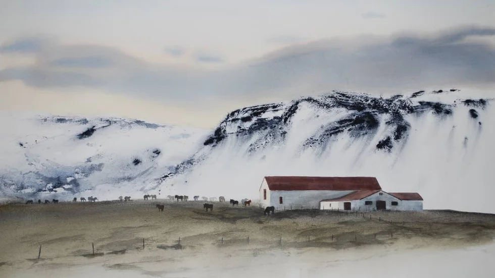 "De små hästarna" är en av totalt 61 akvareller med Islandsmotiv som intar Piteå konsthall i februari.